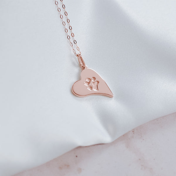 Rose gold heart paw print charm necklace