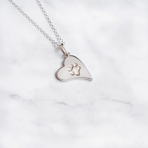 Sterling silver heart paw print charm necklace 