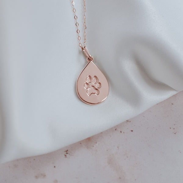 Rose gold teardrop paw print charm pet jewellery 